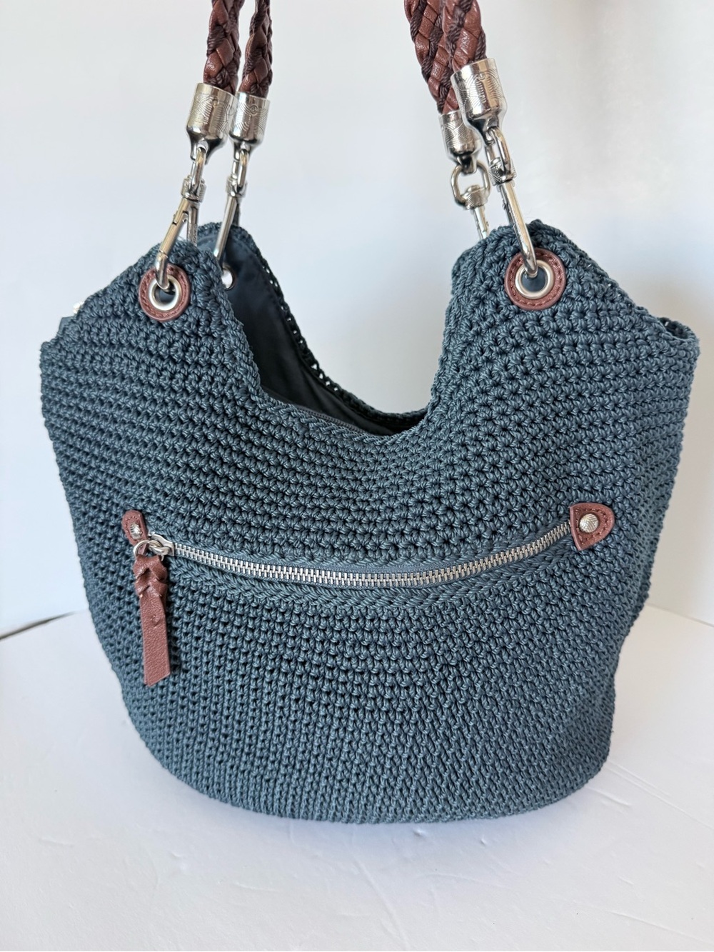 The Sal Woven Crochet Hobo Bag with Brown Braided Handles - marine blue